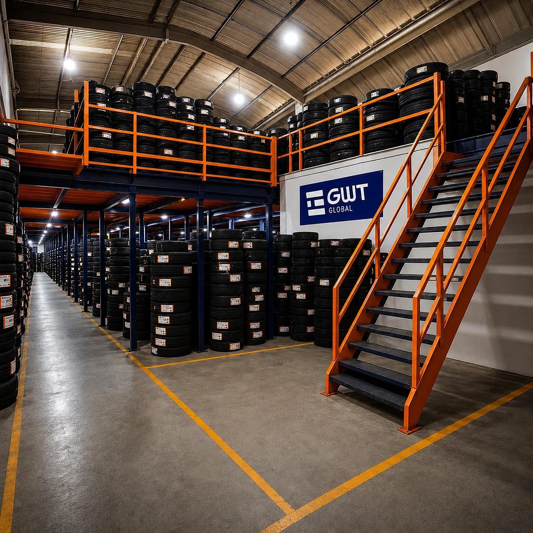 Centro de distribuição da GWT Global com pneus importados estocados